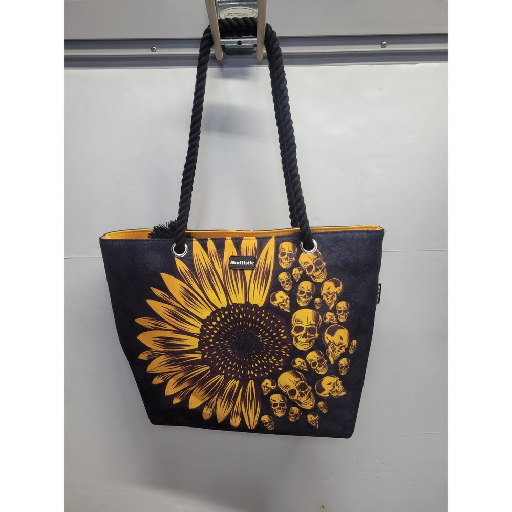 Skullistic Sunflower Skulls Tote Bag Black Yellow Rope‎ Handle